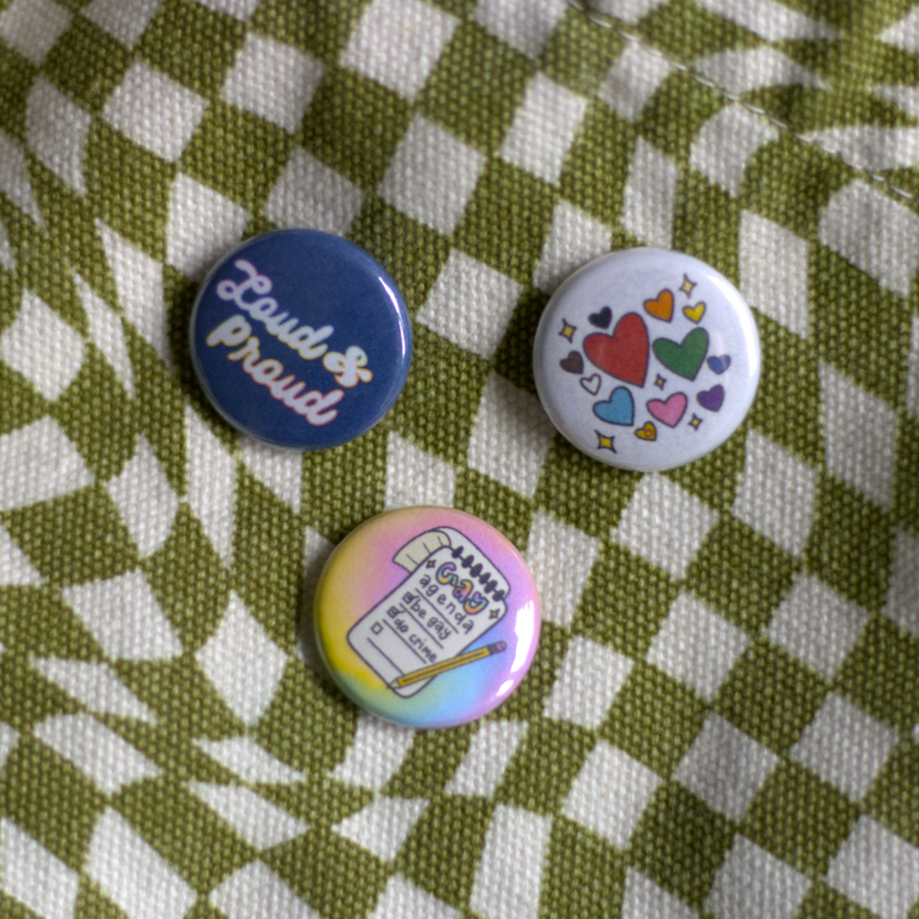 loud and proud, gay agenda, and subtle hearts progressive pride flag on a checkered green fabric