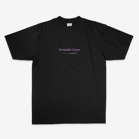 Mockup for lavender lover tshirt! This black shirt features the phrase "lavender lover" with a sprig of lavender underneath it