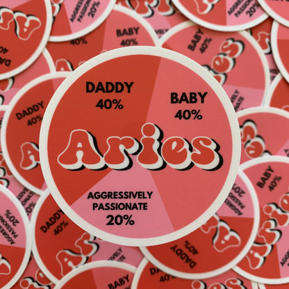 A circular sticker design of a pie chart, with the word Aries in the middle. The pie chart is broken up into 3 sections: 40% daddy, 40% baby, and 20% aggressively passionate.